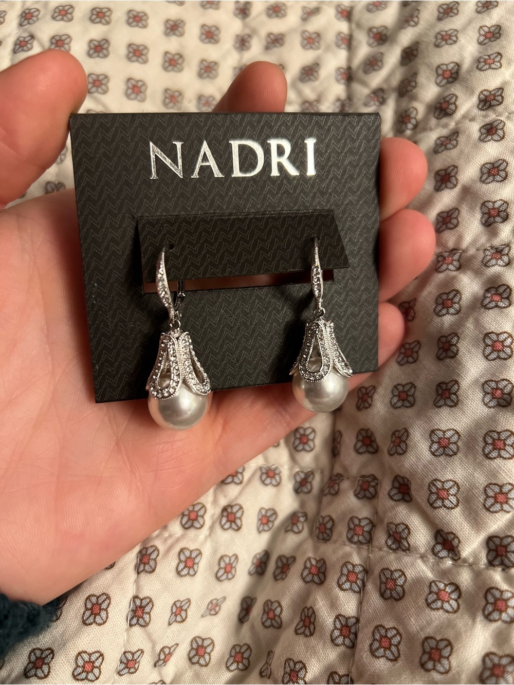 Nadri Silver Pearl Drop Earrings with Pavé Accents